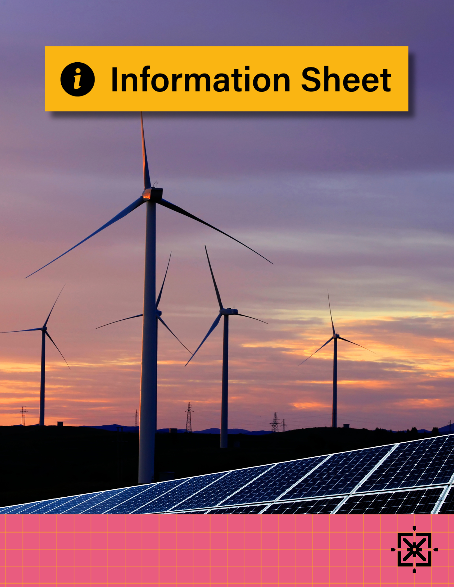 An image of wind turbines with the text 'information sheet'