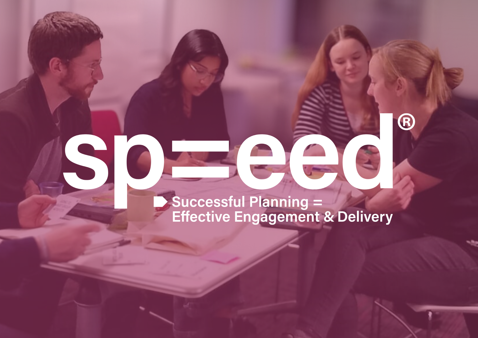 A group of people at a training session are visible in the background. The SP=EED logo reads: Successful Planning = Effective Engagement and Delivery.