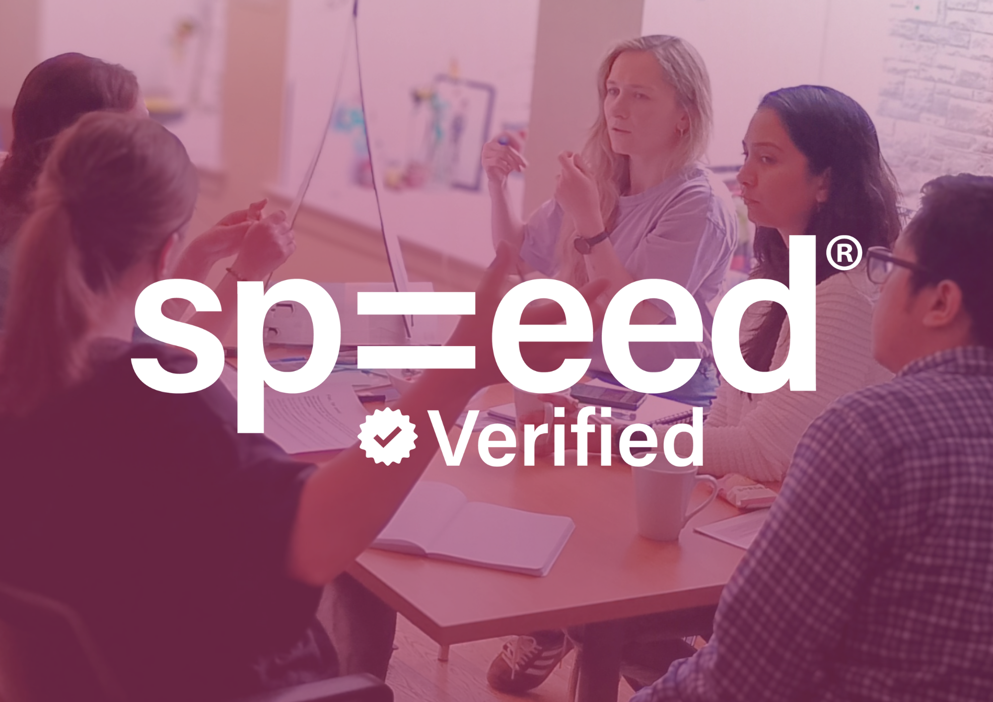 A group of people at a training session are shown in the background. The SP=EED Verified logo is in the middle.