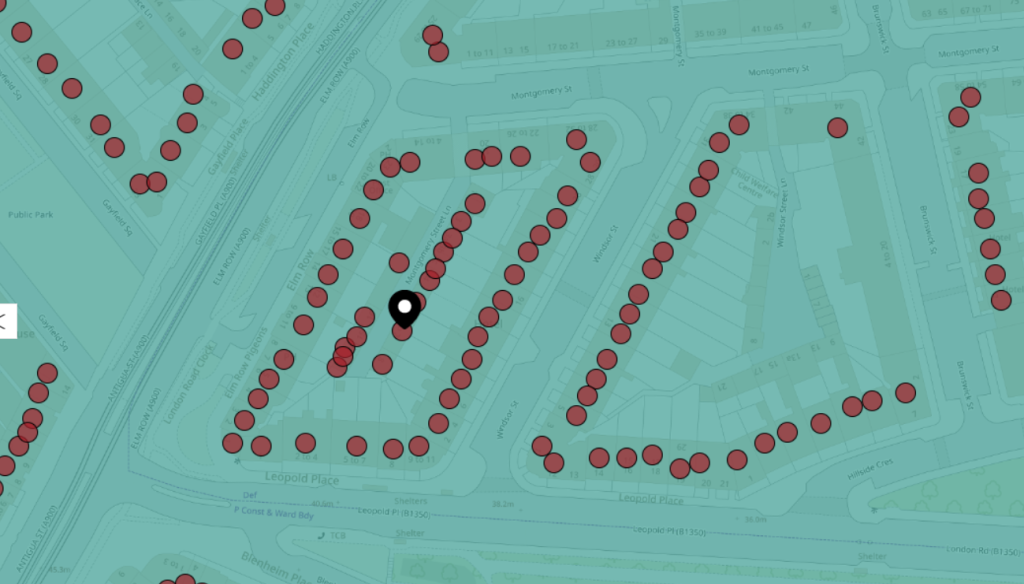 Map showing the buildings and streets around Montgomery Street Lane, marked with a location pin near the centre.