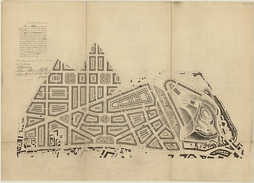 Historic plan of Edinburgh's Eastern New Town, showing a network of planned streets and buildings beside Calton Hill.